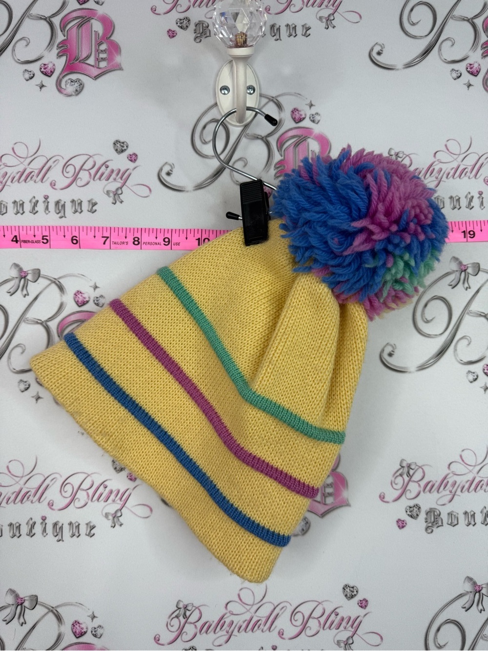 SMILEY pure wool hat Yellow Knit Pom Hat with Colorful Pom and Stripe Accents
